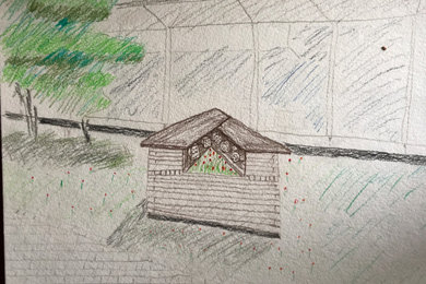 Skizze für: Dreieckiges Hochbeet mit Regalen für "Insektenhotels"