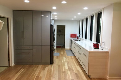 Example of a mid-sized trendy galley brown floor enclosed kitchen design in Chicago with a double-bowl sink, flat-panel cabinets, white cabinets, quartzite countertops, white backsplash, stainless steel appliances, no island and white countertops