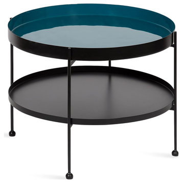 Modern Coffee Table, Sleek Legs With Tray Like Shelf & Round Top, Teal/Black