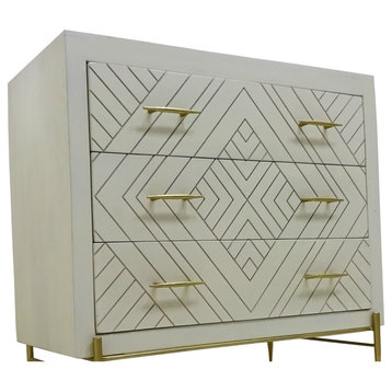 Perez 3-Drawer Solid Wood Chest in Ivory Finish on Brass-Finished Iron Base