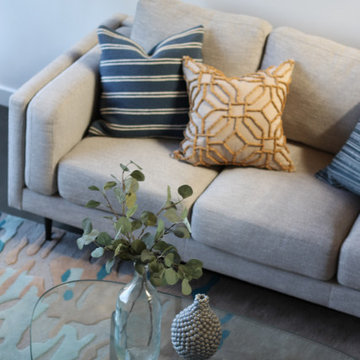 Gray Sofa and Teal Abstract Rug