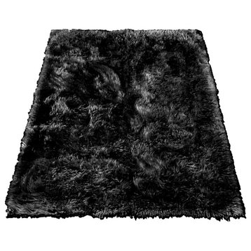 Rectangle Faux Fur Designer Sheepskin Rug, Black, 5'x7'
