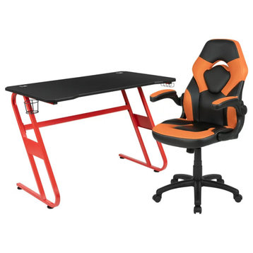 Gaming Desk & Chair Bundle, Detachable Cup Holder & PU Leather Seat, Orange