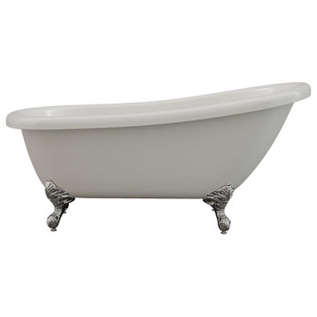 67" Slipper Tub Clawfoot Tub, "Miller" Without Holes, Chrome Feet