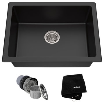 24" Drop-In Undermount Granite Composite Single Bowl Kitchen Sink, Black