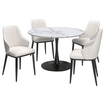 5-Piece Dining Set, Faux Marble and Black Table With Beige Chair