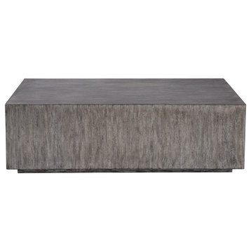 Modern Minimalist Wood Cube Block Coffee Table Solid Rectangle Gray Distressed