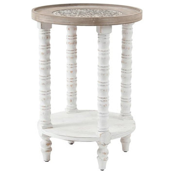 Pemberly Row Rustic Wood Round Accent Side Table with Storage in White/Natural