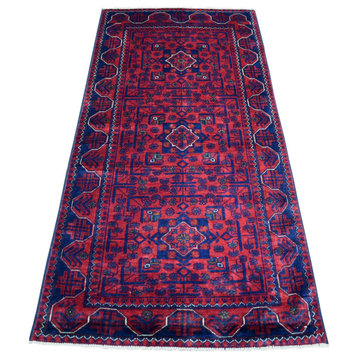 Deep Red, Hand Knotted Afghan Khamyab Soft Wool Wide Runner Rug, 3'0"x6'2"