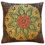 Pillow Decor Ltd. - Pillow Decor - Crochet Flower 19 x 19 Tapestry Pillow - A red, green and yellow flower pattern is centered on this French tapestry throw pillow. Designed in a crochet style pattern, the central floral image and the background has wonderful depth. This colorful combination of a traditional tapestry weave with a contemporary geometric floral design gives this accent pillow a 'go-anywhere' appeal.