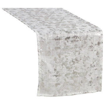 Long Table Runner With Foil Print Design, Silver, 15"x72"