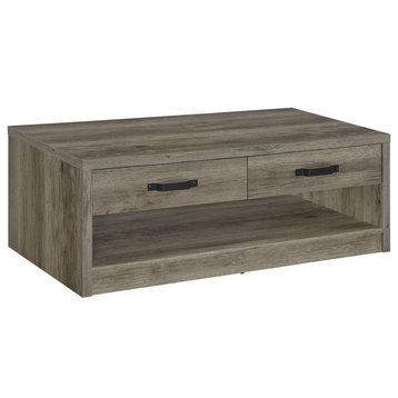 Rustic Coffee Table, Open Shelf & Ample Drawers With Ornate Pull, Weathered Gray