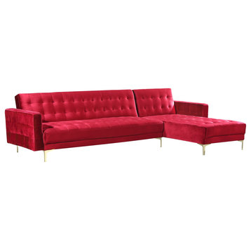 Right Facing Sectional Sleeper Sofa, Golden Legs With Tufted Velvet Seat, Red