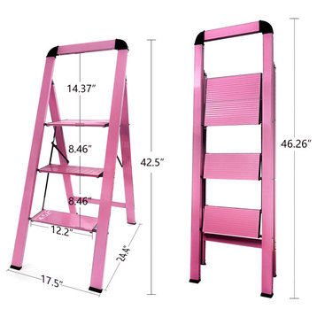 3 - Step Aluminum Folding Step Stool, Pink