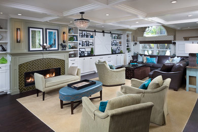 Family room - mid-sized transitional open concept dark wood floor and brown floor family room idea in Orange County with beige walls, a ribbon fireplace and a media wall