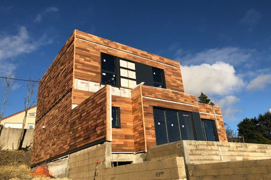 Inspiration pour une grande façade de maison marron design en bois à un étage avec un toit plat.
