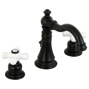 Classic Widespread Bathroom Faucet, Curved Spout & Crossed White Handles, Black