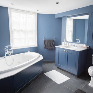 75 Beautiful Slate Tile Bath With Blue Cabinets Pictures & Ideas | Houzz
