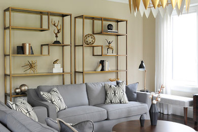 Living room - large transitional dark wood floor living room idea in Vancouver with beige walls
