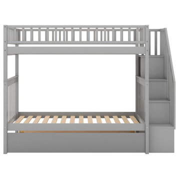 TATEUS Twin over Twin Bunk Bed with Trundle and Storage, Gray