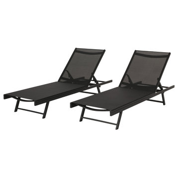 GDF Studio Allen Outdoor Gry Mesh Chaise Lounge With Aluminum Frame, Black/Dark Gray, Set of 2