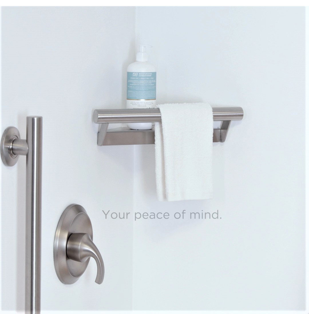 Lifestyle and Wellness Corner Shower Shelf With 14" Handle, Polished Stainless