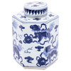 Tea Jar Service Items Vase Lion Hexagonal Blue White Ceramic