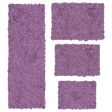 Bell Flower Collection Tufted Bath Rug, 4-Piece Set With Runner-Purple