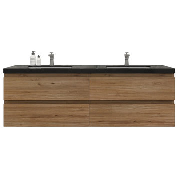Belli 72" Double Sink Wall Mount Vanity Set, Natural Oak, Matt Black Top