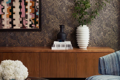 Example of a mid-sized trendy light wood floor and beige floor living room design in San Francisco