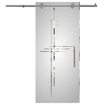 Single Sliding Barn Glass Door, V2000 Line Cross Design, 28"x81"