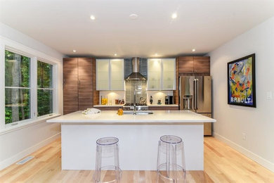 Open concept kitchen - mid-sized contemporary single-wall light wood floor open concept kitchen idea in Chicago with flat-panel cabinets, medium tone wood cabinets, quartzite countertops, an island, stainless steel appliances, a single-bowl sink, gray backsplash and glass tile backsplash