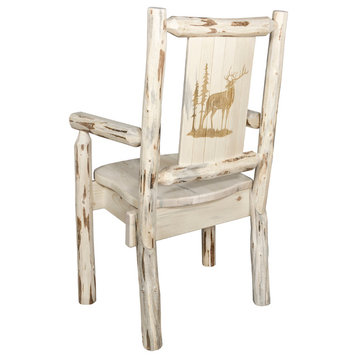 Montana Captain's Chair With Laser Engraved Elk Design, Clear Lacquer Finish, Re