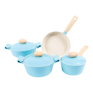 Vintage NEW Porcelain Enamel Cookware Set 7 pc Dreamy Memory Fry Pan Stock  Pot +