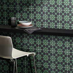 Moroccan Mosaic & Tile House - 8"x8" Ahfir Handmade Cement Tile, Black/Green, Set of 12 - Wall And Floor Tile