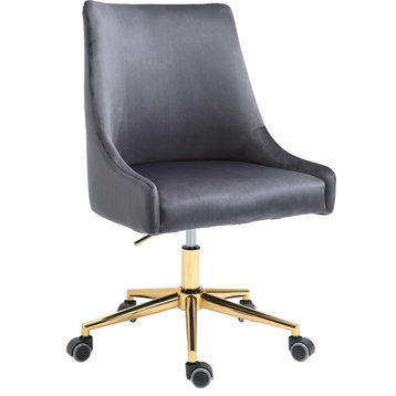 Karina Swivel and Adjustable Velvet Upholstered Office Chair, Grey, Gold Base