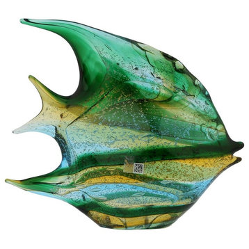 GlassOfVenice Murano Glass Wide Angel Fish Sculpture - Green Blue Golden Brown