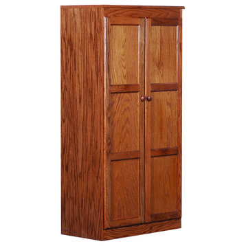 Tall Storage Cabinet, Framed Doors With Round Pull Handles & Inner Shelves, Oak