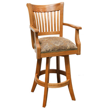 Michigan Bar Stool, Chestnut Distress Finish, Without Arms, Black Leather Seat