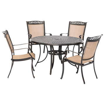 Fontana 5-Piece Outdoor Dining Set With 4 Sling Chairs and 48" Cast-Top Table