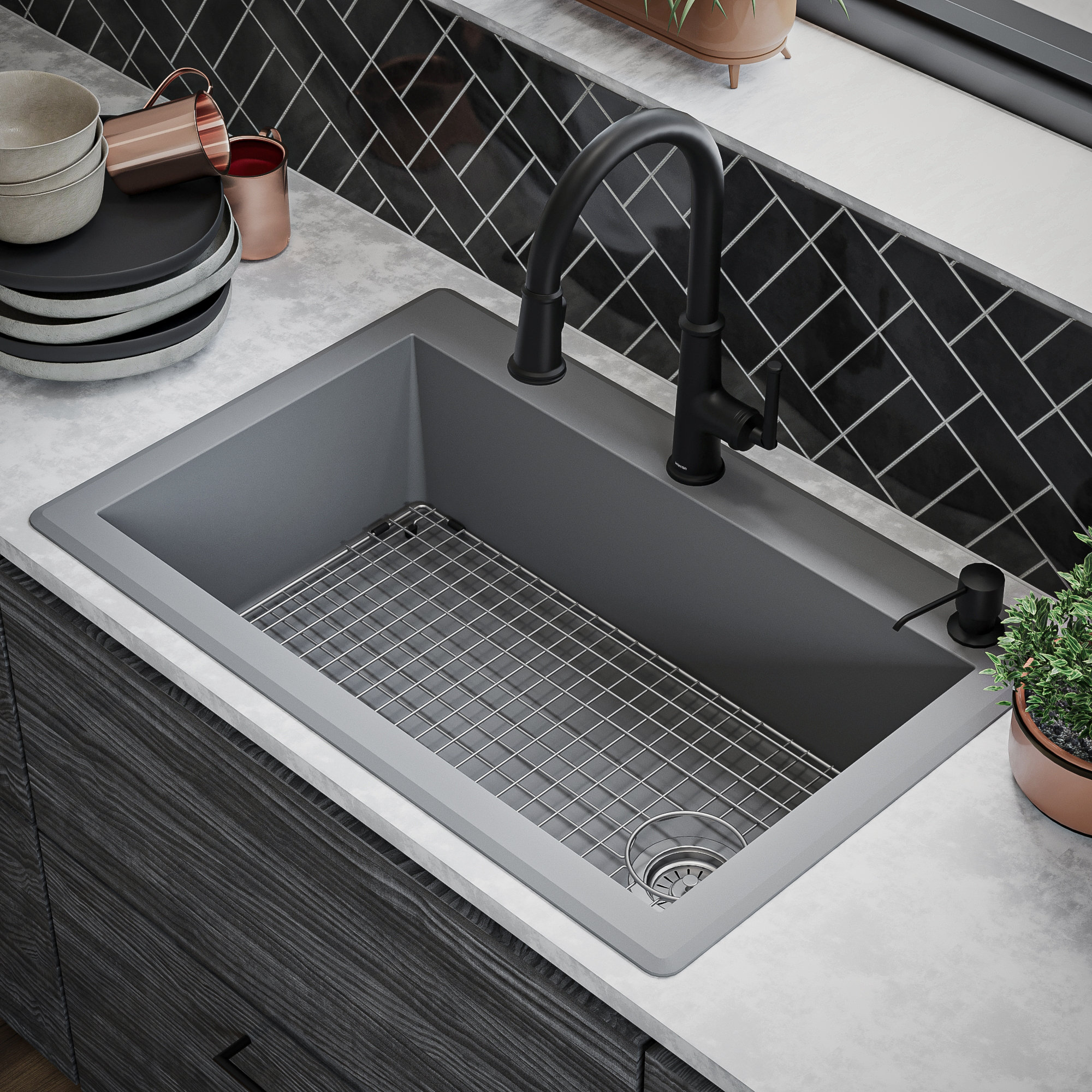 Karran Drop-In Quartz 33" 1-Hole Single Bowl Kitchen Sink Kit, Grey