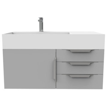 Amazon 36" Wall Mounted Bathroom Vanity Set, Gray, White Top, Chrome Handles