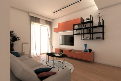 Immagine di un soggiorno contemporaneo di medie dimensioni e chiuso con pareti bianche, parquet chiaro, TV a parete, soffitto ribassato e tappeto