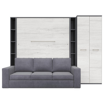 Wall Bed With Sofa, 2 Cabinets, Wardrobe, Queen, Gray/Light Gray Oak/Gray