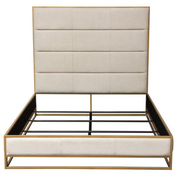 Empire Queen Bed, Sand Fabric With Hand brushed Gold Metal Frame
