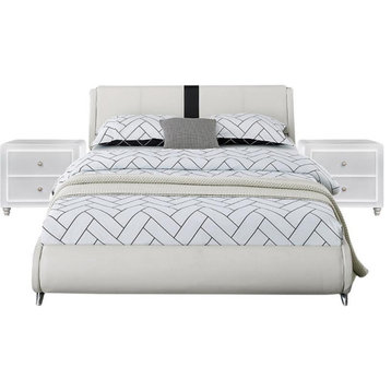 Camden Isle Faux Leather Upholstered Carlton Bed King White with 2 Nightstands