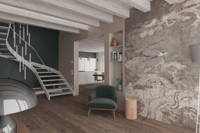Immagine di un'ampia scala curva moderna con pedata in legno, nessuna alzata e parapetto in metallo