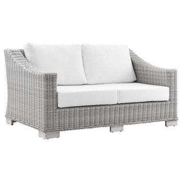 Conway Outdoor Patio Wicker Rattan Loveseat, Light Gray/White
