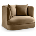 Meridian Furniture - Alder Upholstered Chair, Beige, Velvet, Accent Chair - The Alder beige velvet upholstered accent chair is an invitation to relax. Its rounded silhouette and soft velvet upholstery create a cozy and inviting space, perfect for curling up with a good book or simply unwinding after a long day. Whether you're entertaining guests or enjoying a quiet moment alone, it is the ideal place to unwind.