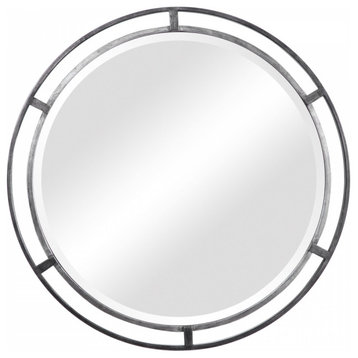 Two Tone Silver Round Wall Mirror, Bathroom Mirror, 30 Inch Diameter